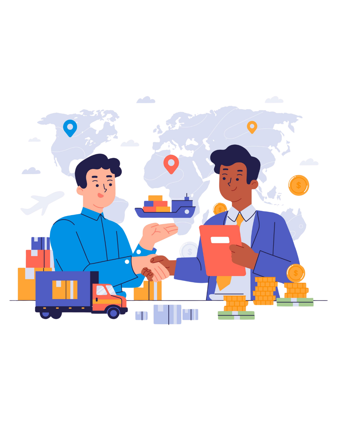 Handshake with logistics and global trade icons