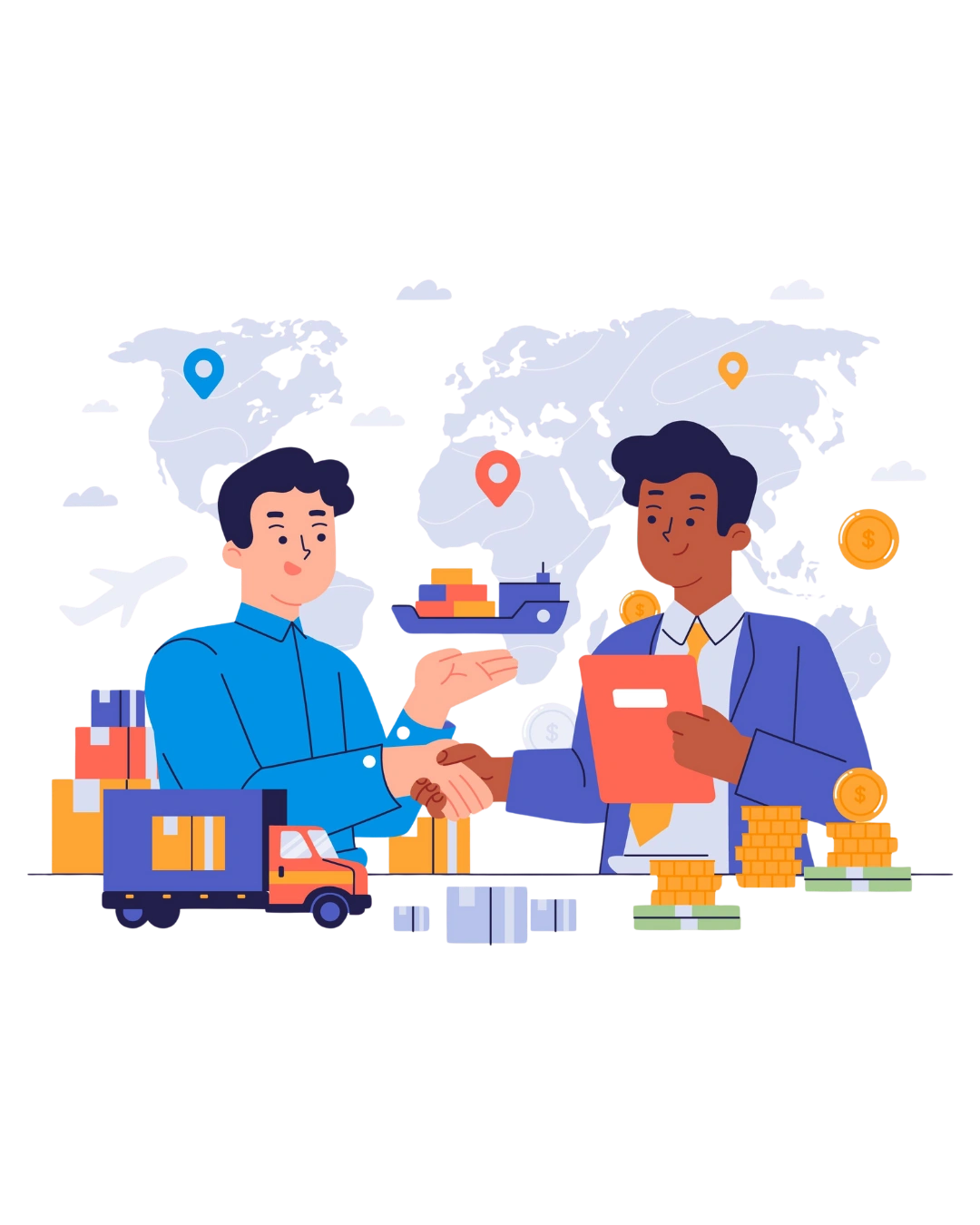 Handshake with logistics and global trade icons